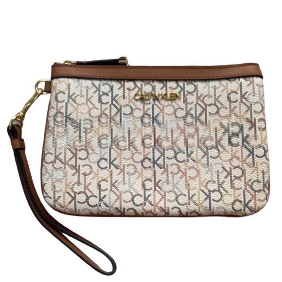 CALVIN KLEIN Wristlet Wallet Brown Leather Multi-Color Signature NWOT - Picture 2 of 8